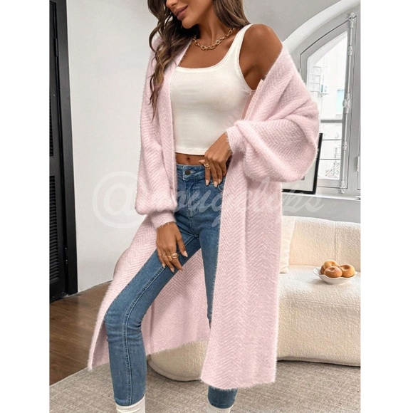 Fuzzy Chevron Pink White Open Cardigan Long Bishop Sleeve Soft - Picture 3 of 8